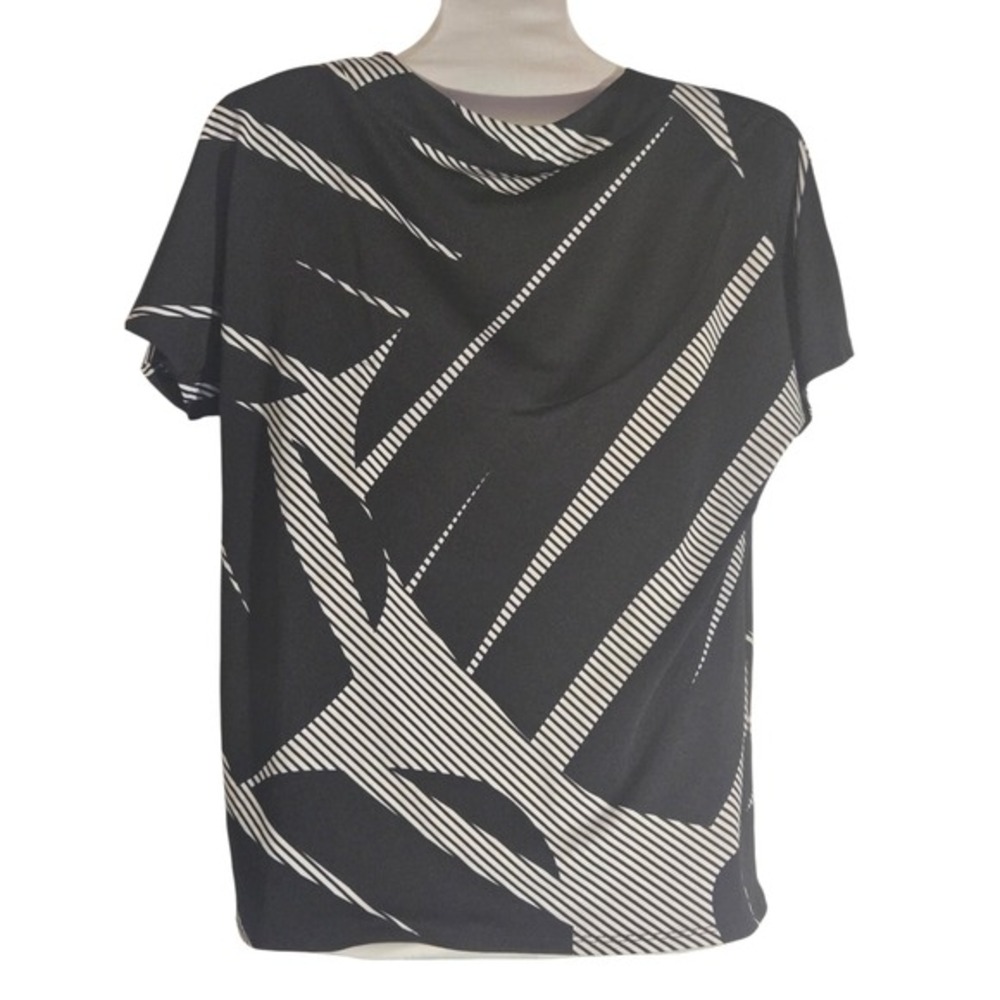 Cocomo‎ Black White Geometric Print V Neck Short Sleeve Tunic Top Women's M - Picture 2 of 3